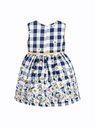 Girls Blue Check Dress with Daisies