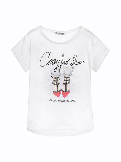 Girls White Satin T-Shirt with Red Shoes